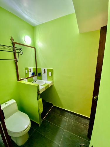 a green bathroom with a toilet and a sink at Hotel Boutique TEKALI INN in Cuetzalán del Progreso