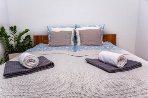 a bed with two towels and pillows on it at Wzgórze Owiec Sheep Hill in Mostowice
