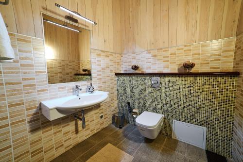 ein Bad mit einem Waschbecken und einem WC in der Unterkunft Отель Арт-Ульяновск Левый берег in Uljanowsk