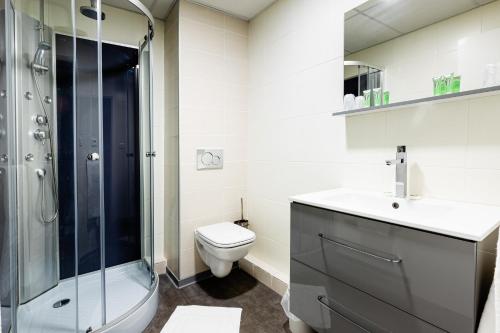a bathroom with a toilet and a shower and a sink at Hotel-Restaurant Espace Squash 3000 in Mulhouse