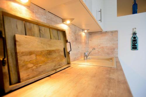 a bathroom with a sink and a large wooden door at Marina Lodge in Olpenitz