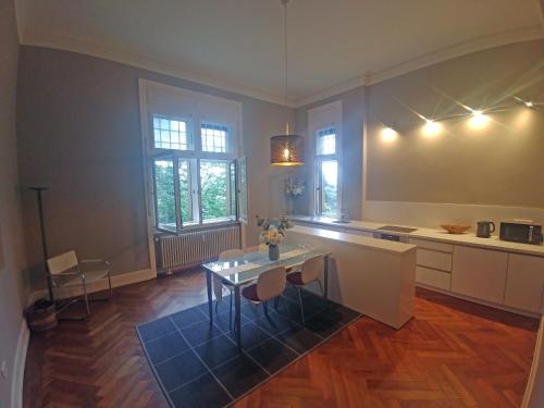 een keuken met een tafel en stoelen in een kamer bij Appartment Sonneck in Freiburg im Breisgau
