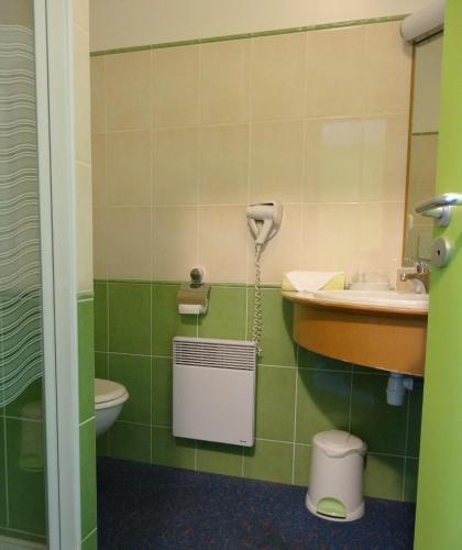a bathroom with a toilet and a sink at Hôtel du Lac in Treignac