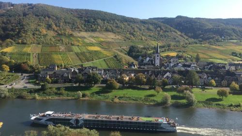 a cruise ship on a river in a village at Pension Susanne in Bruttig-Fankel