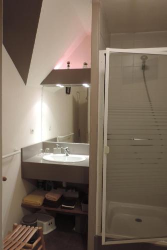 a bathroom with a sink and a shower with a mirror at Chambre à la campagne in Québriac
