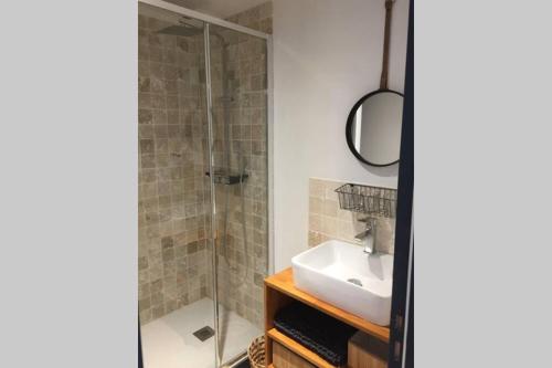 a bathroom with a sink and a shower at Appart cosy basilique et carmel in Lisieux