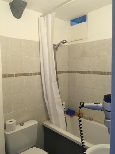 une salle de bain avec toilettes et rideau de douche dans l'établissement Montmartre Lovely, à Paris