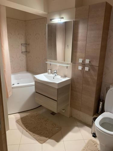 a bathroom with a sink and a tub and a toilet at Apartament Reset Club in Brăila