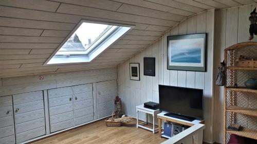 a attic room with a skylight and a television at Ferienhaus "Auberge Jolie" in Aachen