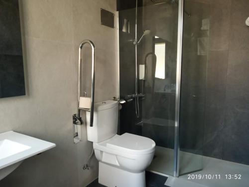 a bathroom with a toilet and a glass shower at Hotel Seminario Aeropuerto Bilbao in Derio