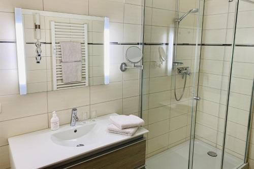 La salle de bains est pourvue d'un lavabo et d'une douche en verre. dans l'établissement Feriendomizil Prerow, à Prerow