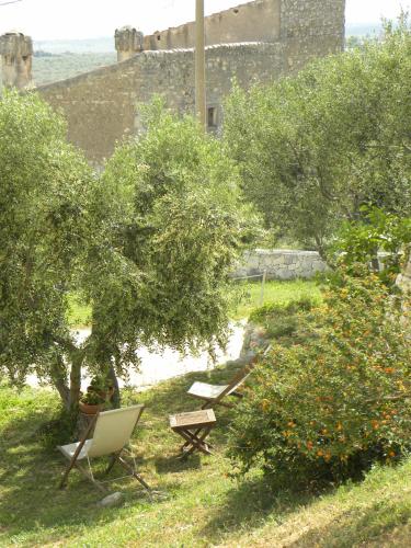 two chairs and a bench in a field with trees at Villa in Gargano - VILLA BASSO in Monte SantʼAngelo