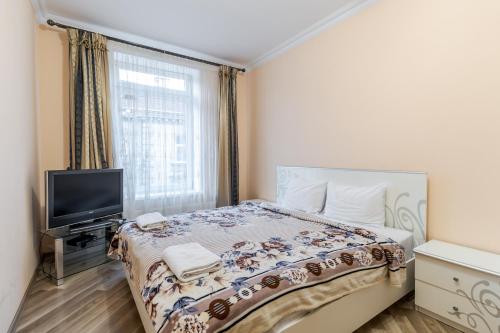 リヴィウにあるChaikovskoho apartmentのベッドルーム(ベッド1台、テレビ、窓付)