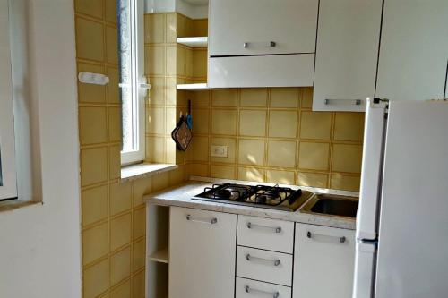 a kitchen with a stove and a white refrigerator at Case vacanza Barbatoja in Fetovaia