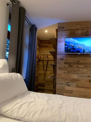 a bedroom with a bed and a tv on a wall at Stadtvilla mit Pool in Jestetten