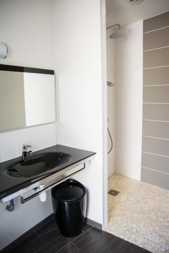 une salle de bain avec un lavabo et un miroir dans l'établissement Cap sur Pen ar Valy à Plougoulm, à Plougoulm