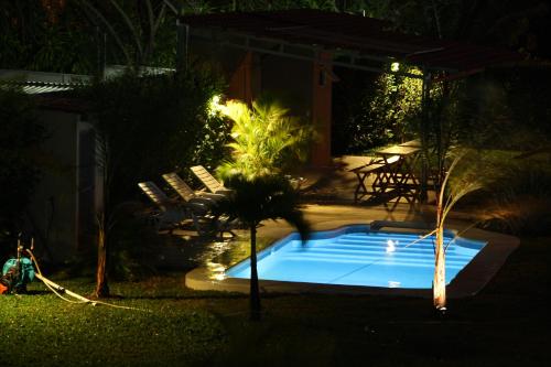 a small swimming pool in a yard at night at Apartamentos La Alborada Airport SJO in Alajuela City