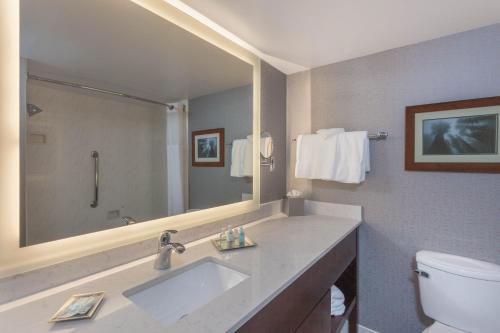 uma casa de banho com um lavatório e um espelho grande em Wyndham Visalia em Visalia