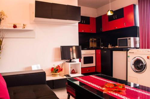 eine Küche mit roten Schränken und einer Waschmaschine in der Unterkunft Red House in Weliko Tarnowo