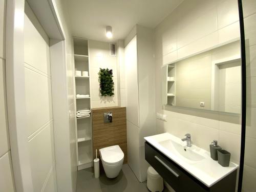 a white bathroom with a sink and a toilet at Apartamenty Polanica Zdrój in Polanica-Zdrój
