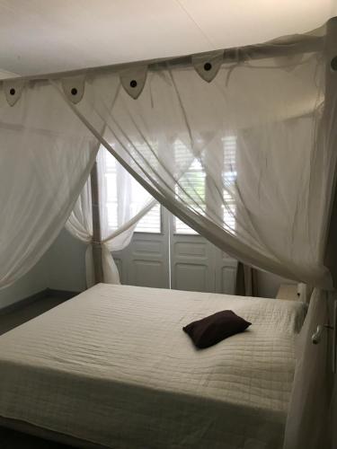 ein Schlafzimmer mit einem weißen Bett mit einem Vorhang in der Unterkunft VILLA LES GRIVES in Le Diamant
