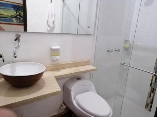 a bathroom with a sink and a toilet and a shower at Las Cabezas Grises in Barichara