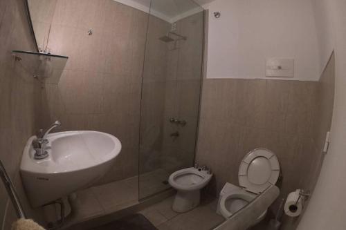 uma casa de banho com um lavatório, um WC e um chuveiro em Departamento en Nueva Cordoba, 2 dormitorios em Córdoba