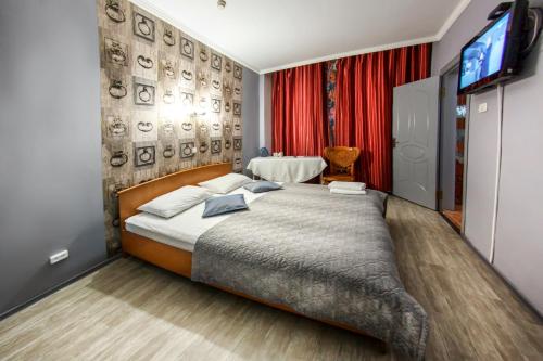 um quarto com uma cama grande e uma televisão em Rio Hotel em Khabarovsk