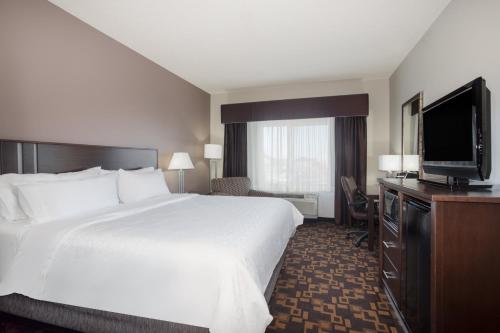 a hotel room with a bed and a flat screen tv at Holiday Inn Express & Suites Yankton by IHG in Yankton