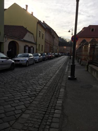 a cobblestone street with cars parked on the side at Xenopol Central in Sibiu