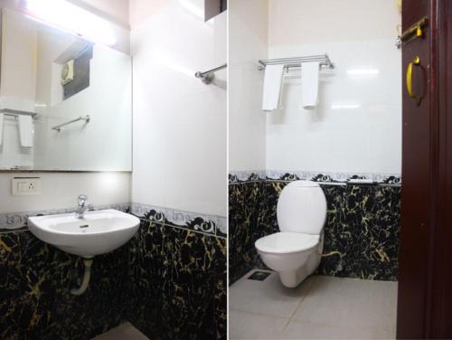 two pictures of a bathroom with a toilet and a sink at Kalathil Lake Resort in Vaikom