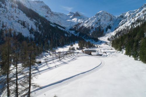 a snow covered mountain with trees and a road at Alpengasthof Gern Alm in Pertisau
