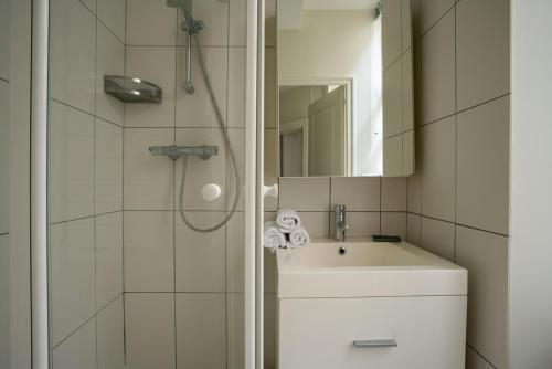 La salle de bains est pourvue d'une douche, d'un lavabo et d'un miroir. dans l'établissement Pour une escapade à Nantes, face au Musée d’Arts, à Nantes