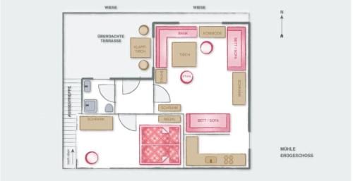 a floor plan of a room with pink at Ferienhäuser Reither Almen in Reith im Alpbachtal