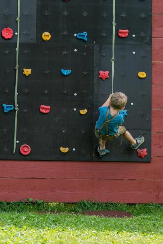a young boy climbing a rock wall on a climbing wall at Vitalhotel Gosau in Gosau