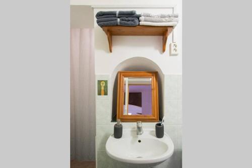 a bathroom with a sink and a mirror at Pine Tree Studio in Historical City Centre in Pécs