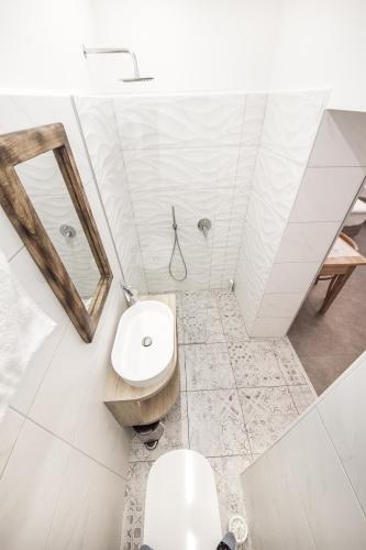 a bathroom with a toilet and a mirror at OH Apartments & Rooms in Ljubljana