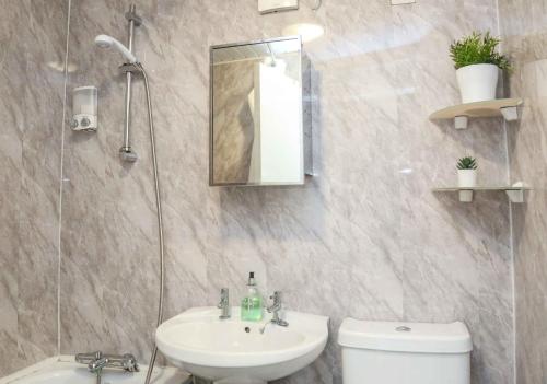 a bathroom with a sink and a toilet and a mirror at Central City - Parking - Great Location -4 Beds in Belfast