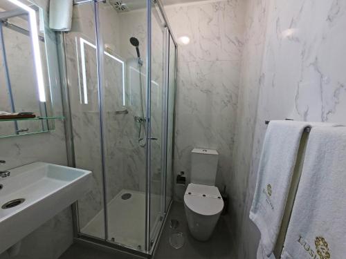 a bathroom with a toilet, sink, and shower at Lusitana Hotel in Porto
