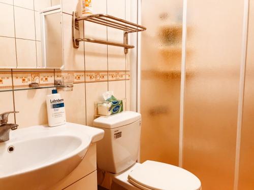 a bathroom with a toilet and a sink and a shower at Hello Guesthouse in Lugang
