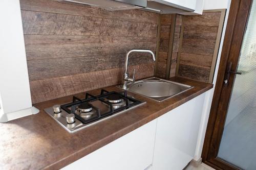 a kitchen counter with a sink and a sink at Archi S lounge in Galaţi