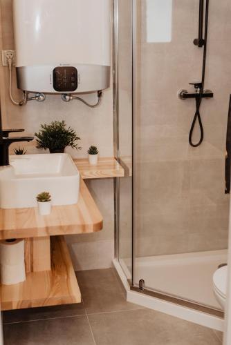 a bathroom with a sink and a shower at Loft&Hill in Grywałd