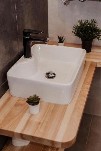 a white sink on a wooden counter with potted plants at Loft&Hill in Grywałd