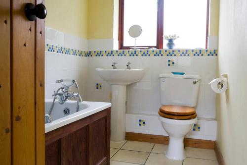 un bagno con un water e un lavandino di Nethercote Cottage, Kingsize bed, Seven Springs Cottages a Cheltenham