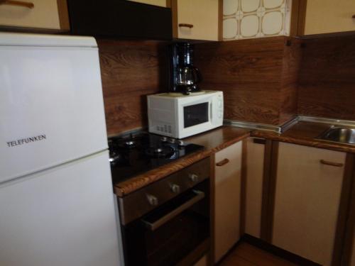a kitchen with a white microwave and a refrigerator at Edificio Calpemar in Calpe