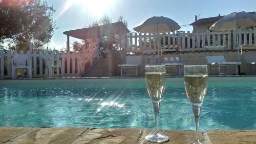 two glasses of champagne in front of a swimming pool at Agriturismo Terre D'Ulivi in Moscufo