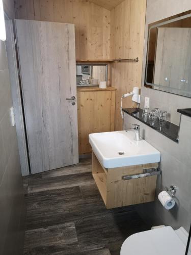 a bathroom with a sink and a toilet and a mirror at FBA Village in Bundenthal