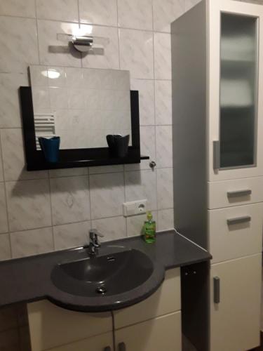 uma casa de banho com um lavatório e um espelho em Ferienwohnung Mayer em Kirchheim am Ries