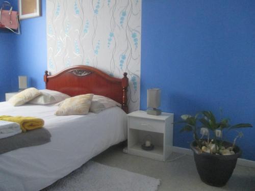 Schlafzimmer mit einem Bett mit blauer Wand in der Unterkunft COSY ROOM CROIX ROUSSE in Lyon