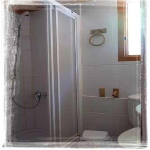 a bathroom with a shower with a toilet and a sink at Cabañas Negratín in Cuevas del Campo